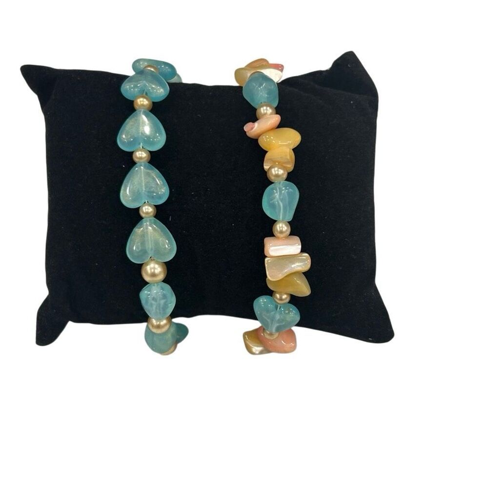 Lot Of 2 Artisan Beaded Bracelets 7.5" Pastel Blue Flourite Heart-shaped Beads